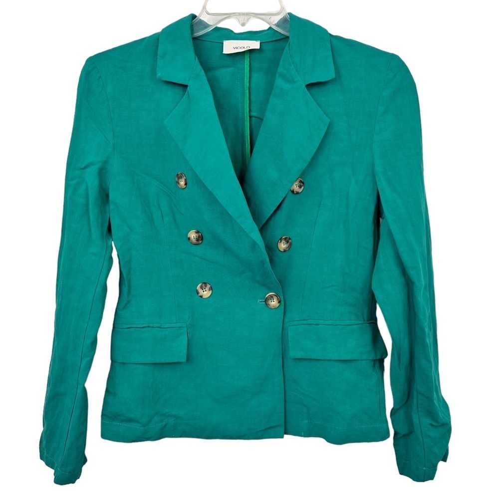 Vicolo Linen Blend Double Breasted Blazer Lightweight Teal Green Unlined Sz L